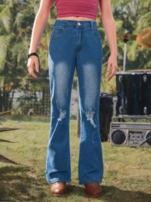 SHEIN Tween Girls Skinny Stretch Washed Ripped Flare Leg Jeans, Casual Minimalist Fashion Versatile Denim Pants - Medium Wash - View 4