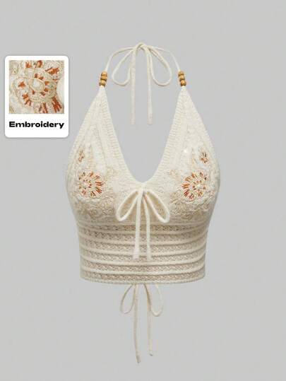Fairycore Nature-Inspired Vacation Beach Floral Embroidery Tie-Up Bow Sleeveless Plunging Neck Sexy Beige Camisole Top For Women