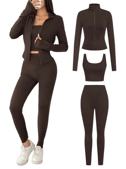 SHEIN EZwear 3pcs Brown Knitted Women Sports Set