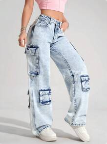 SHEIN EZwear Women's Loose Cargo Pocket Wide Leg Casual Denim Jeans - Light Wash - View 1