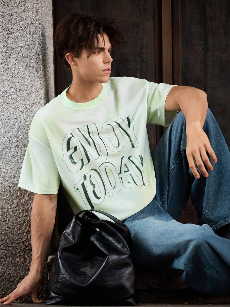 Maija 男士字母印花圆领休闲宽松短袖T恤 - 彩色 - 查看 1