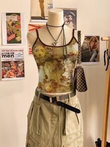 Attitoon Hippie Apollo Sun Color Block Retro Pattern Casual Sexy Cami Crop Top, Suitable For Music Festival, Boho, Holiday, Afternoon Tea,Rave Top Suitable For Going Out - Multicolor - View 3