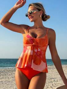 Swim Lushoire Women's Swimwear Set With Random Orange Floral Pattern And Solid Color Matching Swim Bottoms, Beach Tank Top And Tankini For Summer Beach Vacation - Multicolor - View 1