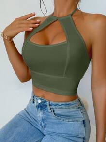 SHEIN VaVaLuxe Women's Sexy Solid Color Hollow Out Backless Sleeveless Crop Top, Summer - Green - View 4