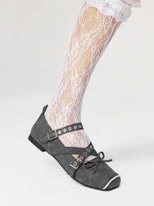 ROMWE Goth Women's Black Slip-On Loafers, Mary Jane Small Leather Shoes With Criss-Cross Straps, Bow Accent, Japanese JK Uniform Style, Dress/Work Flat Shoes