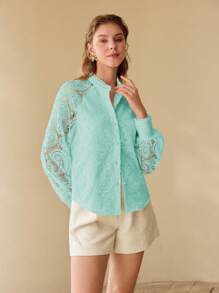 MOTF GUIPIURE LACE RAGLAN SLEEVE BLOUSE - Mint Green - View 7