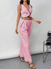 Aveloria Modichic 2pcs Office Lady Elegant Matching Contrast Trim Overlap Button Vest And Contrast Trim Pants Suit 