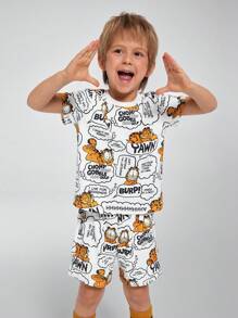 GARFIELD | SHEIN Young Boy Cartoon Cat Print White Casual Cool Sports Short Sleeve T-Shirt And Shorts Outfit - Multicolor - View 3