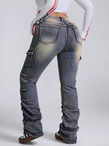 SHEIN ICON Plus Size Women Distressed Cargo Pocket Flare Leg Casual Jeans