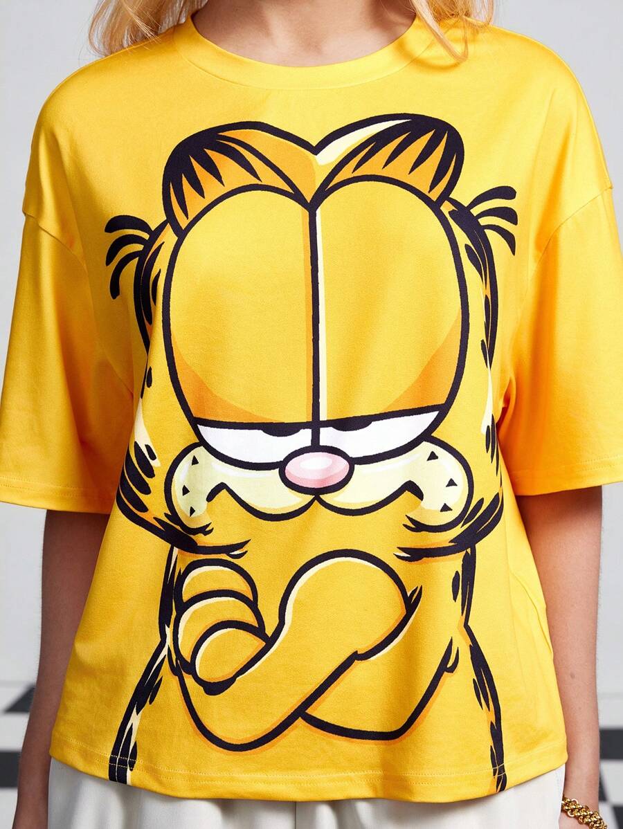 GARFIELD | SHEIN 女式卡通猫印花圆领短袖 T 恤,夏季 - 黃色 - 查看 1
