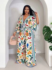 Veslaya 女士大码浪漫花卉印花系腰宽松连体裤，优雅度假装 - 彩色 - 查看 3