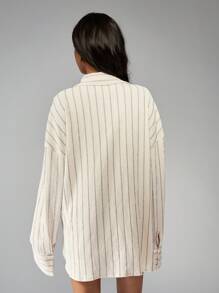 MISSGUIDED 条纹纽扣衬衫和短裤套装家居服休闲夏季海滩度假两件套长袖套装 - 杏色 - 查看 2