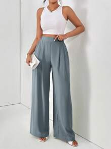 SHEIN Essnce Quần dài màu trơn cơ bản cho nữ, thời trang cho mùa hè - Màu xanh bụi bặm - Xem 3