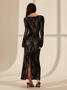 SHEIN PETITE Women's New Summer Party Date Evening Sexy S-Shaped Lace Long-Sleeved Breast Cup Fishbone Square Neck Tight Bodycon Black Maxi Dress - Black - View 2