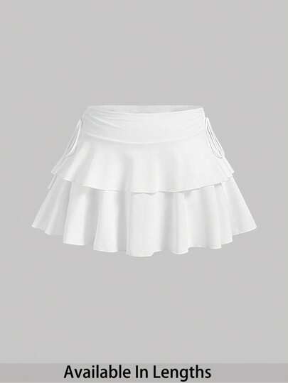 SHEIN PETITE CURVE Drawstring And Fold Detail Solid Color Cake Skirt White