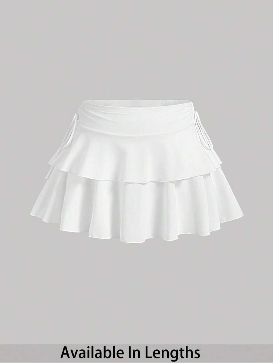 SHEIN PETITE CURVE Drawstring And Fold Detail Solid Color Cake Skirt White - White - View 1