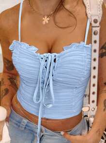 Chiquease Women Elegant, Party, Birthday, Spaghetti Strap, Ruffle Trim, Tie, Tank Top