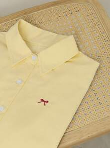 Elamini 女士蓝色条纹蝴蝶结刺绣落肩短款衬衫 - 黃色 - 查看 5