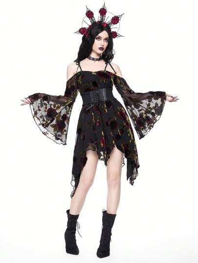 Robe mini à manches évasées asymétriques transparentes avec motif floral de style gothique pour femmes, printemps