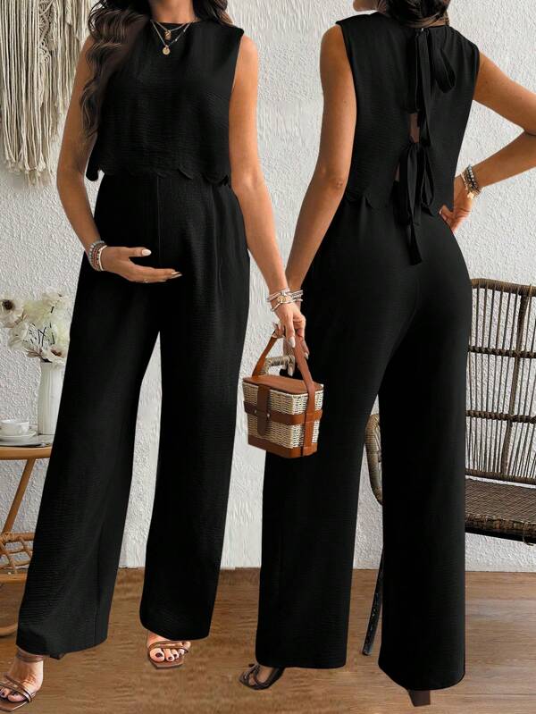 SHEIN Set de 2 piezas de top sin mangas y pantalones cortos de lino en estilo francés para maternidad, uso diario casual de verano