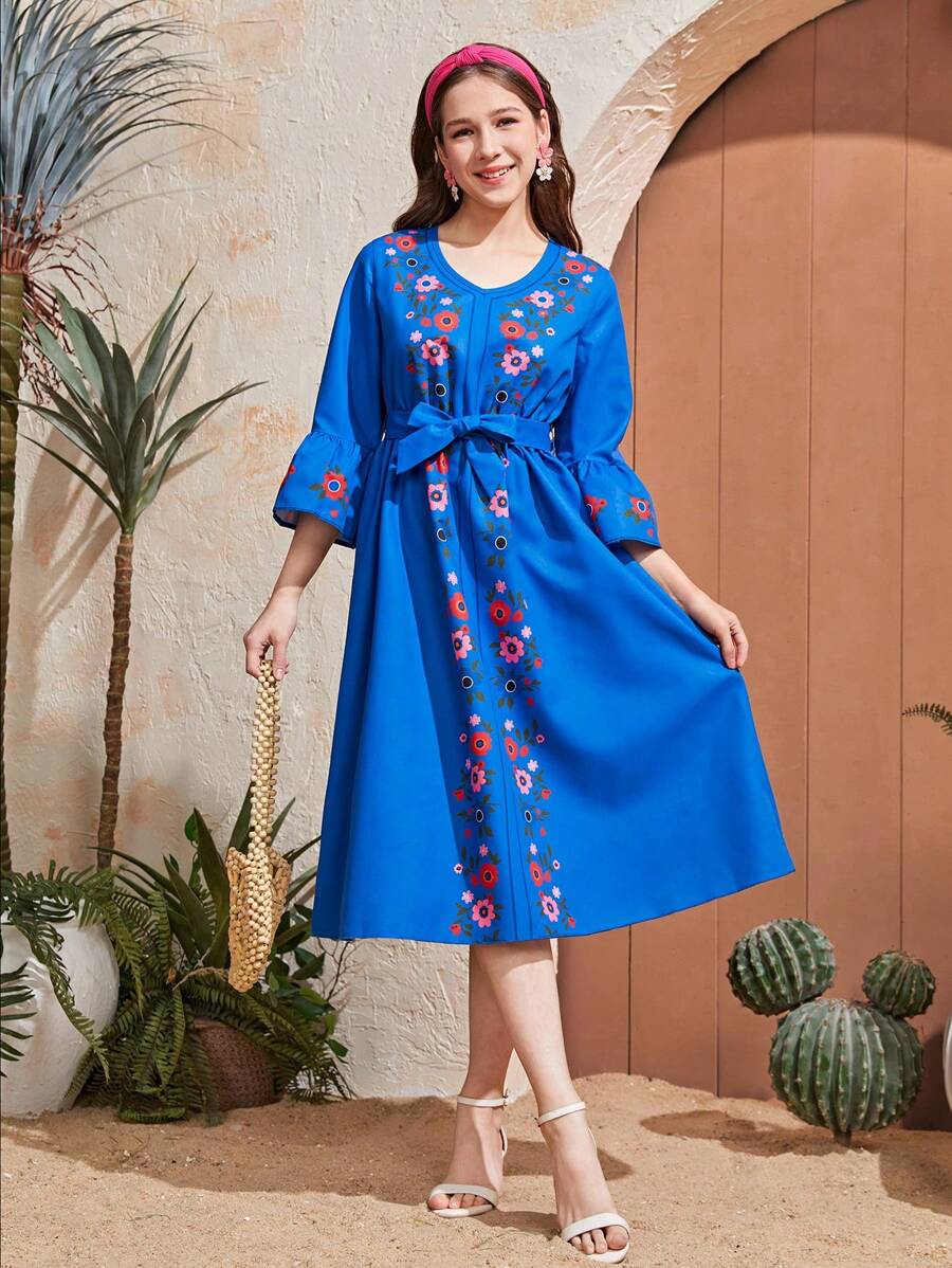 Floral Print Dress For Teenage Girls, Comfortable And Fashionable Outfit For Summer, Lovely And Sweet Essential - Royal Blue - View 1