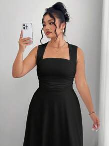Modelyn Vestido largo de talla grande para mujer con dobladillo plisado lateral, unicolor
