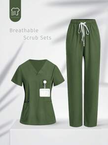TaskEZ Uniform Set: V-Neck Short Sleeve Tailored Blouse And Drawstring Straight Leg Casual Pants - Olive Green - View 1