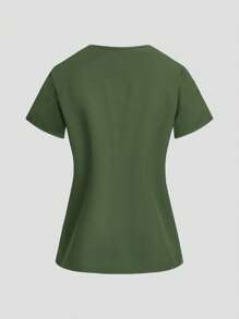 TaskEZ Uniform Set: V-Neck Short Sleeve Tailored Blouse And Drawstring Straight Leg Casual Pants - Olive Green - View 9