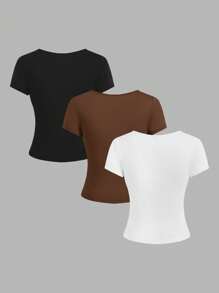 Muchica 3pcs Women Solid Color Short Sleeve Notch Neck Shirred T-Shirt Set - Chocolate Brown - View 2