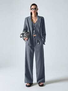 Muchica 深灰蓝色女式编织缺口领长袖西装外套、单排扣背心和裤子套装