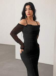 Modelyn Women's Lace Spaghetti Strap Long Sleeve Ruffle Neck Elegant Party Dress Fall Cloth For Women - Black - View 7