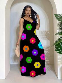Slaydiva Damen Große Größen Lässig Kleid mit Blume Muster und lockeren Trägern, Urlaubsmode - Schwarz - Übersicht 3