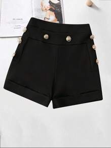 Chiquease Solid Color Waist Cinched Split Seam Metal Button Decor Women Shorts - Black - View 1