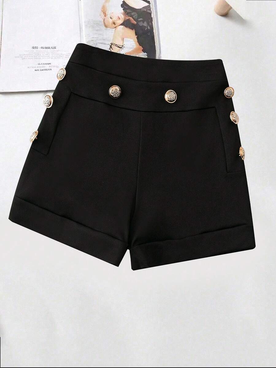 Chiquease Solid Color Waist Cinched Split Seam Metal Button Decor Women Shorts - Black - View 1