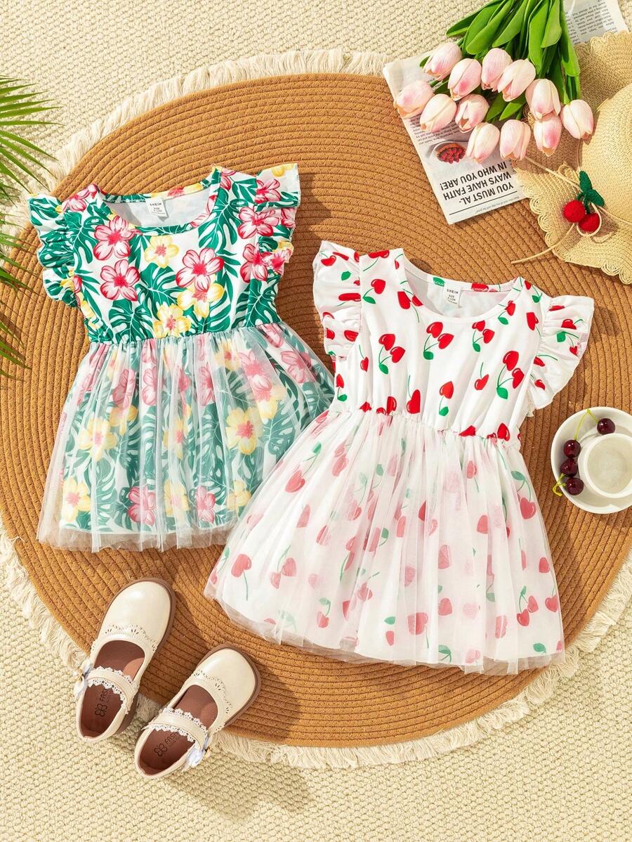 SHEIN Baby Girl Vacation Casual All-Over Print Mesh Patchwork Dress - Multicolor - View 1