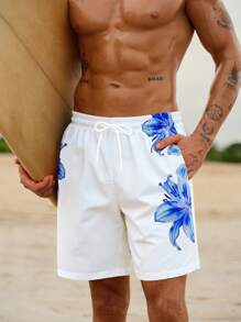 Manfinity VDAYZ Shorts de playa de cintura con cordón con estampado floral para hombres, estilo casual de vacaciones, hawaiano - Azul y blanco - Ver 5