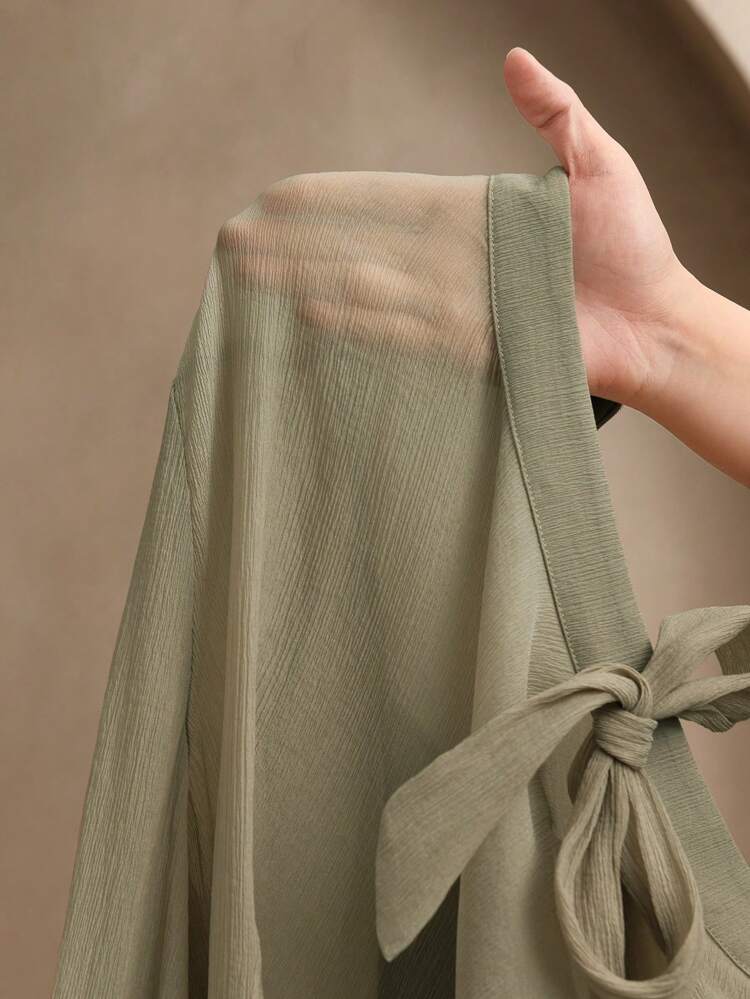 Elegant Vacation Romantic Date Retro Minimalist Tie Waist Bow Collar Semi-Sheer Short Dress, Spring Outfits For Women, Summer Casual Festival Brunch Holiday Clothes