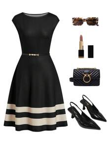 Ellevyn Váy đi làm thường ngày in họa tiết sọc dành cho nữ - Đen và trắng - Xem 11