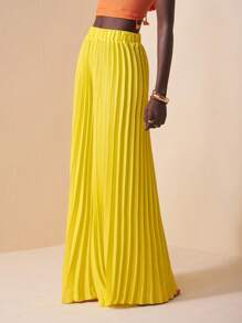 Zivah Beach Summer Elegant Elastic Waist Yellow Pleated Large Hem Extra Long Wide Leg Pants Women's Trousers-C - Yellow - View 6