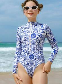 1pc Teen Girl Minimalist Fashion One-Piece Swimsuit, Suitable For Summer Long Sleeve Girls Swimsuit Rashguard Girls Young Girls Rash Guard Girls Rash Guard Girls Rashguard - Blue - View 3