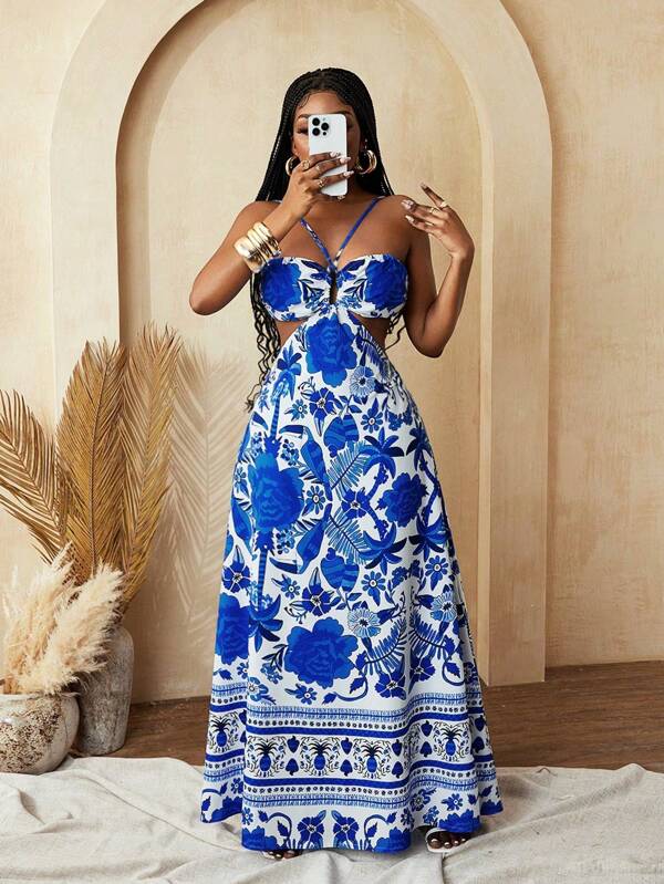 BamGleam Women Sexy Neckline Back Hollow-Out Long Blue And White Porcelain Skirt Long Dress, Suitable For Seaside Holiday