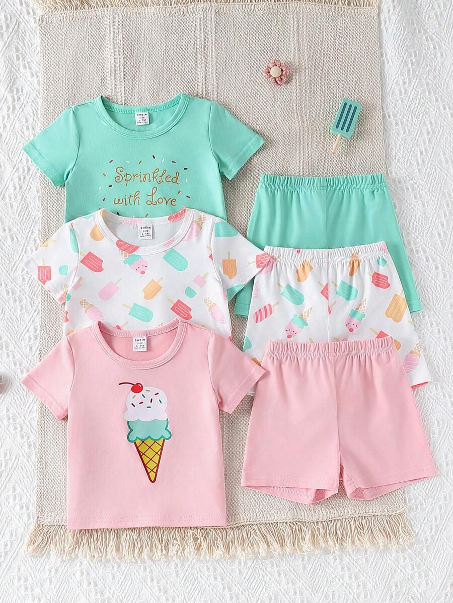 SHEIN Bộ 6 món/Bộ áo thun tay ngắn in hình kem và khẩu hiệu dễ thương & thoải mái cho bé gái, thích hợp cho các buổi đi chơi mùa xuân/hè & mặc hàng ngày - Nhiều màu - Xem 1