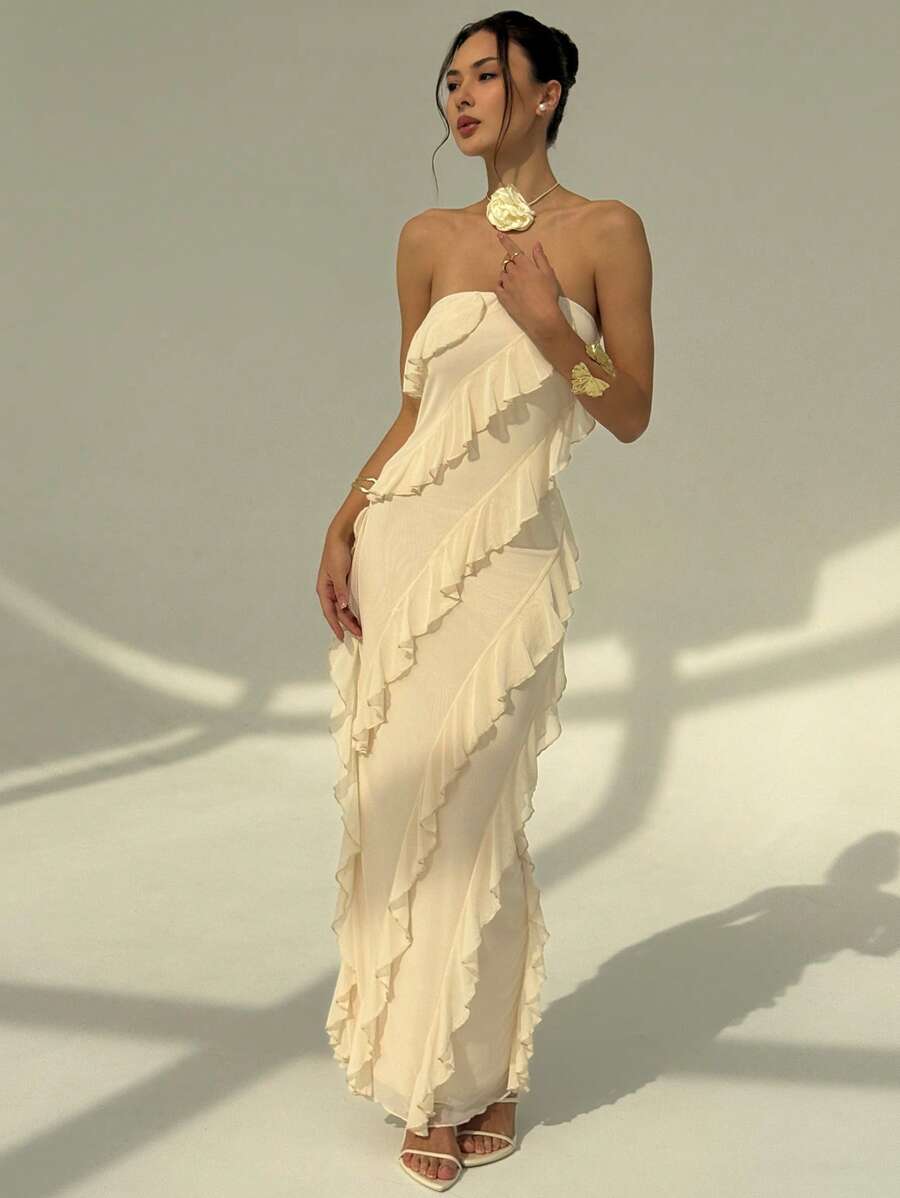 Aloruh Ruffled Hem Mesh Strapless Dress - Beige - View 1