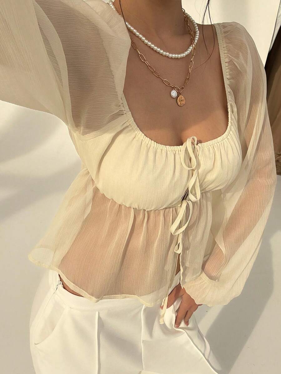 Aloruh 女式休闲纯色透明灯笼袖前系带衬衫，春夏 - 白色 - 查看 1