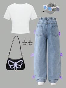 SHEIN Sparklyn Conjunto casual de 2 piezas para niñas preadolescentes con camiseta con lazo y jeans de mezclilla, para uso diario y de viaje - Morado - Ver 2