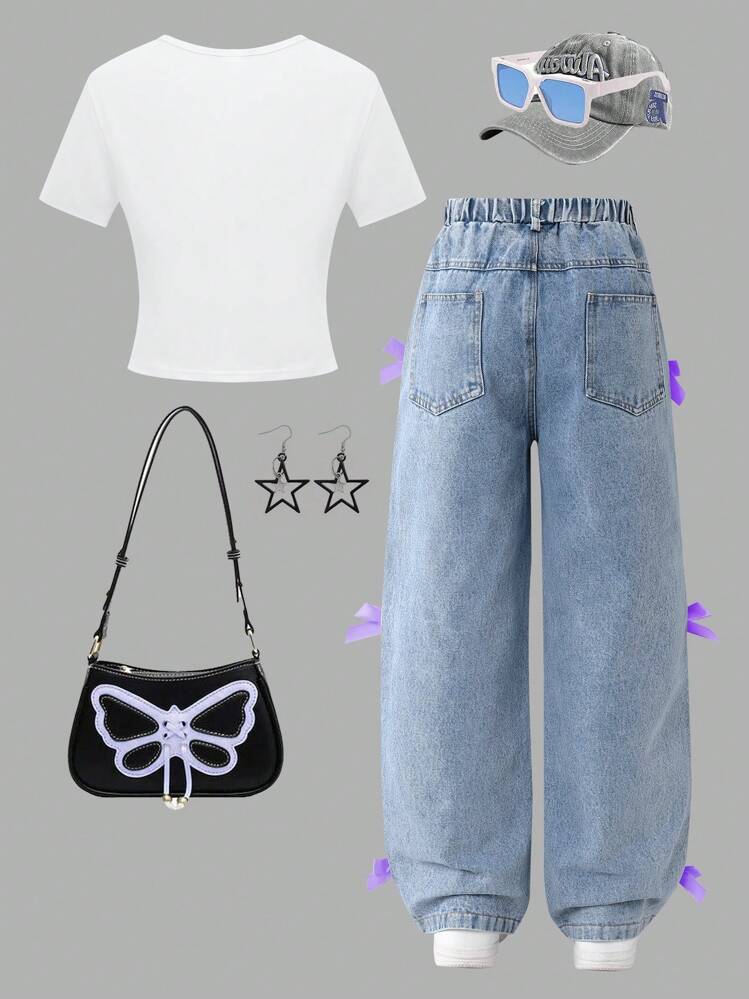 SHEIN Sparklyn Tween Girls Casual Bow T-Shirt And Denim Jeans 2pcs Set, Daily And Commuting Wear - Purple - View 2