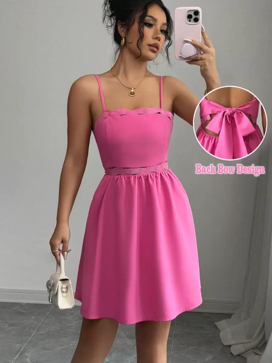 Elenzga Women's Solid Color Spaghetti Strap Simple Short Dress, Casual Vacation - Hot Pink - View 1