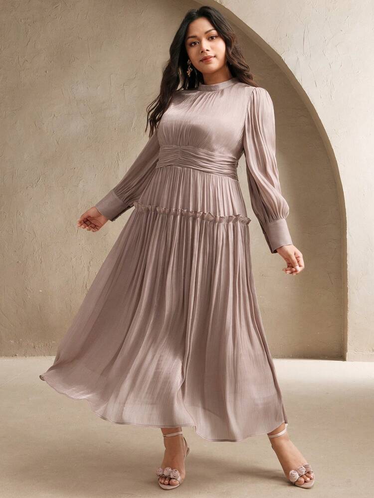 Women Plus Size Long Dress With Puff Sleeve, Waist Pleated Collar, Waistline Design, Long Sleeve Evening Gown