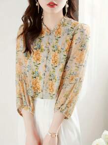 SHEIN LUNE 女士休闲荷叶边七分泡泡袖衬衫 - 彩色 - 查看 6