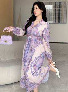 DAZY Vestido elegante midi con mangas abullonadas y abotonado para mujeres con estampado floral